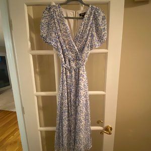 Blue floral DKNY midi dress with belt